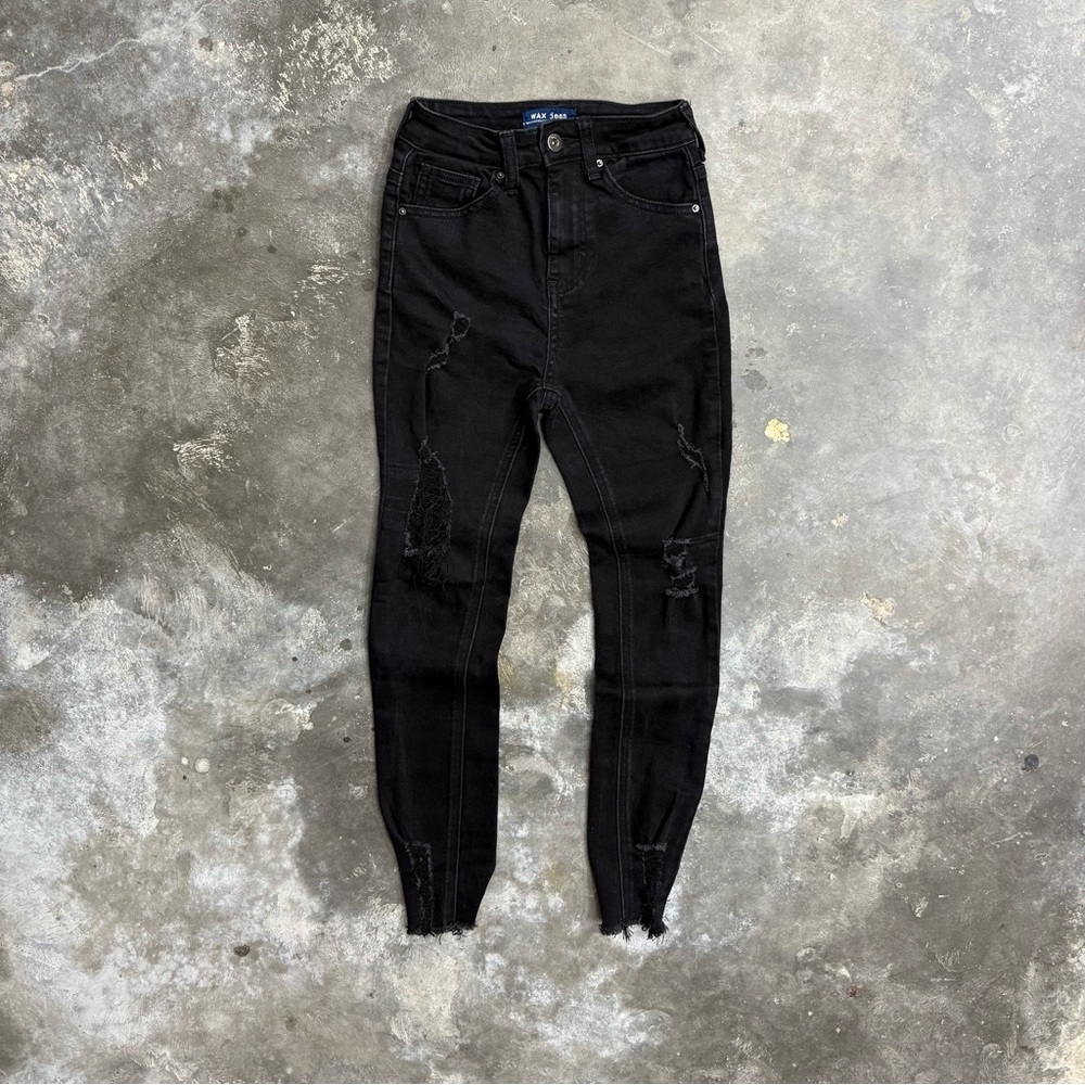 Wax Jean High Rise Distressed Black Skinny Jeans Raw Hem Women's Size 00